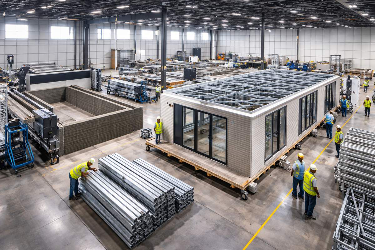 Industrialized housing under construction in a factory